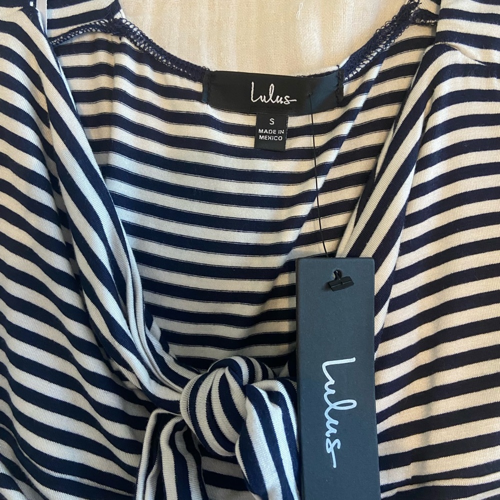 NWT Lulu’s Tie Fidelity Navy Blue and White Striped
Tie-Front Bodysuit - Picture 10 of 10